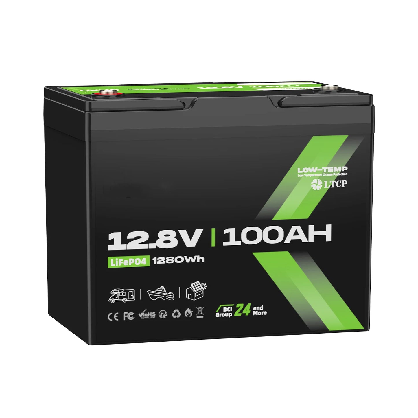 Grand Tai 12V 100Ah LiFePO4 Group 24 Lithium Battery 100A BMS Deep Cycles for RV, Vans & Camper Batteries